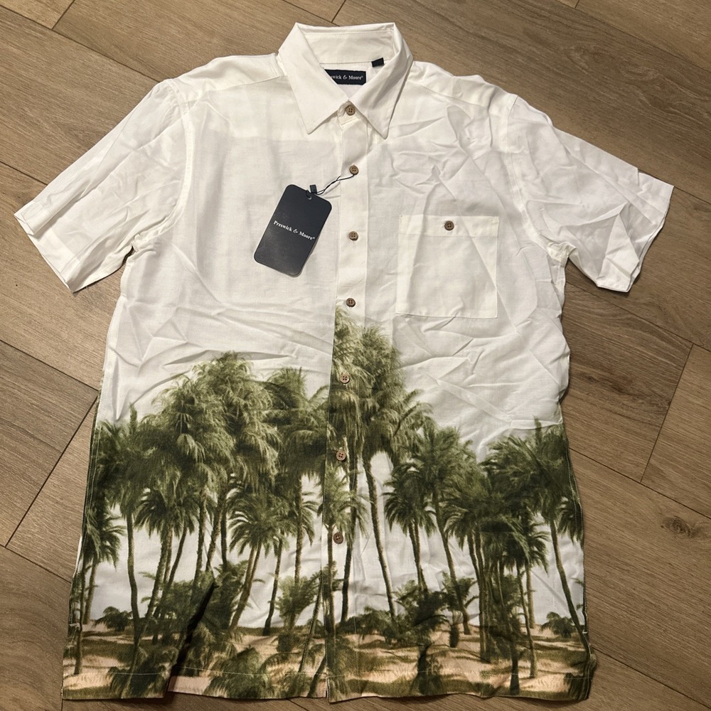 Preswick & Moore Men's Hawaiian Button Shirt SS Medium White Palm Tree Rayon NWT